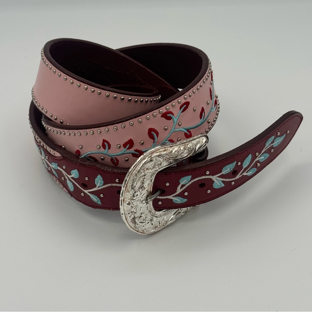 Nocona Western Blue Floral Embroidered Belt with Ornate Silver Buckle and Studs